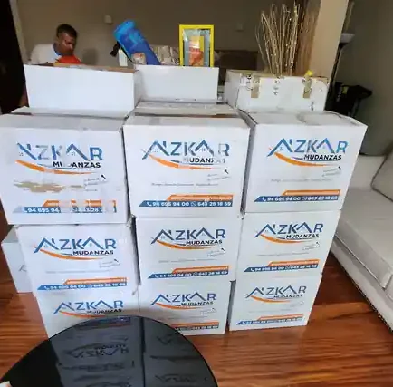 Equipo de Azkar durante una mudanza en Plentzia con las cajas embaladas en el salón