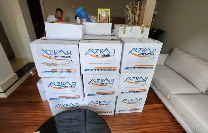 Equipo de Azkar durante una mudanza en Plentzia con las cajas embaladas en el salón